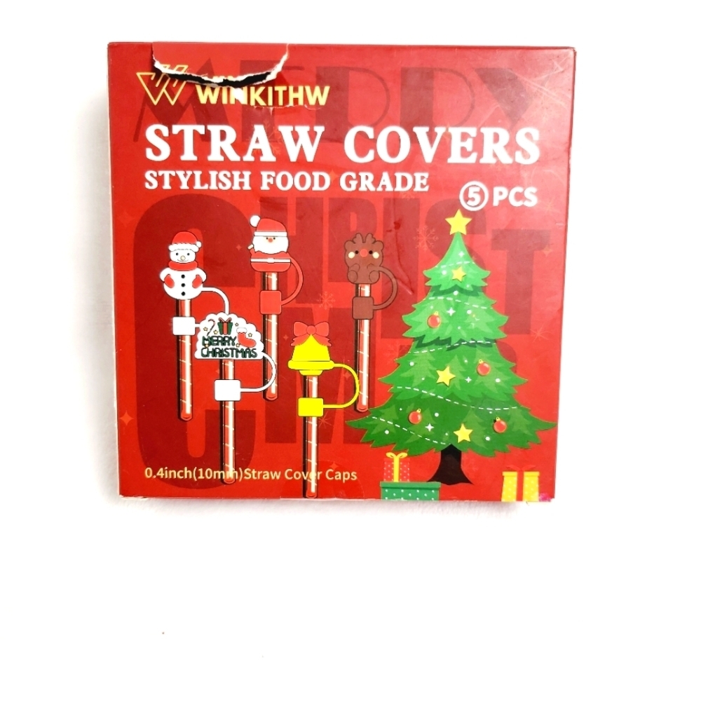 5 Pieces Christmas Straw Cover Cap  Silicone Straw Topper